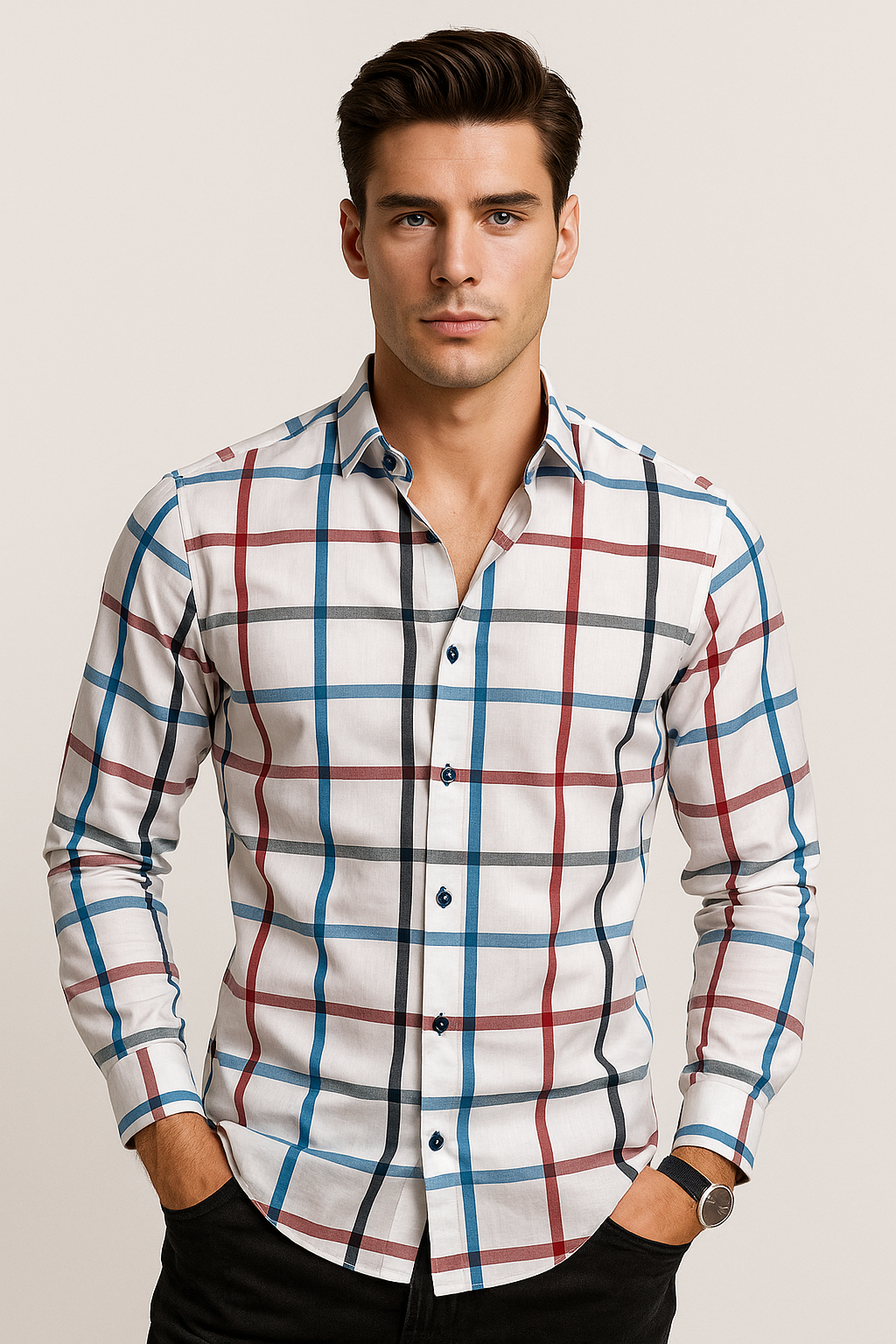Camisas Para Hombre Satinada De Cuadros B55312 Blanco