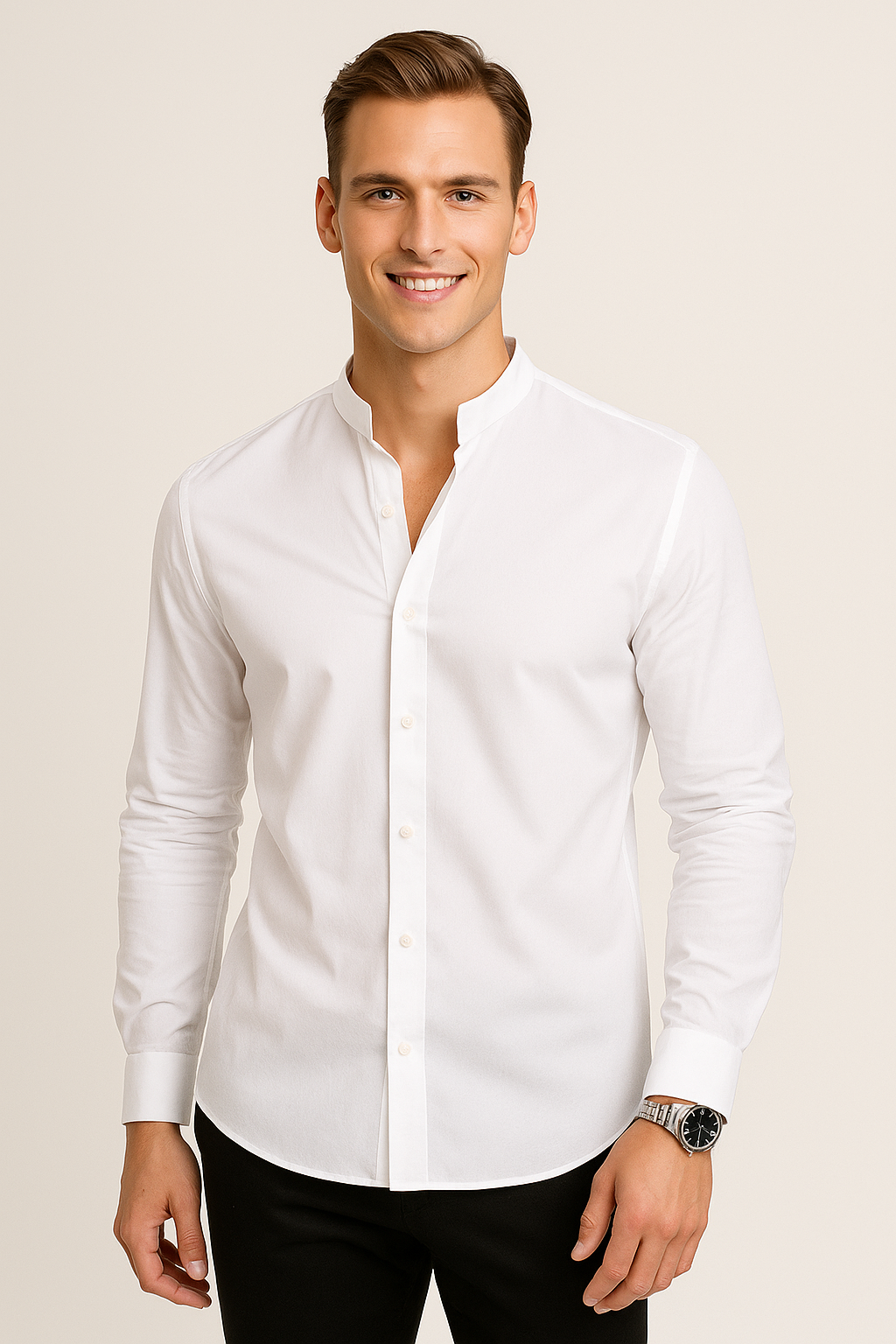 Camisas Para Hombre Jaquard Cuello Mao B55301 Blanco