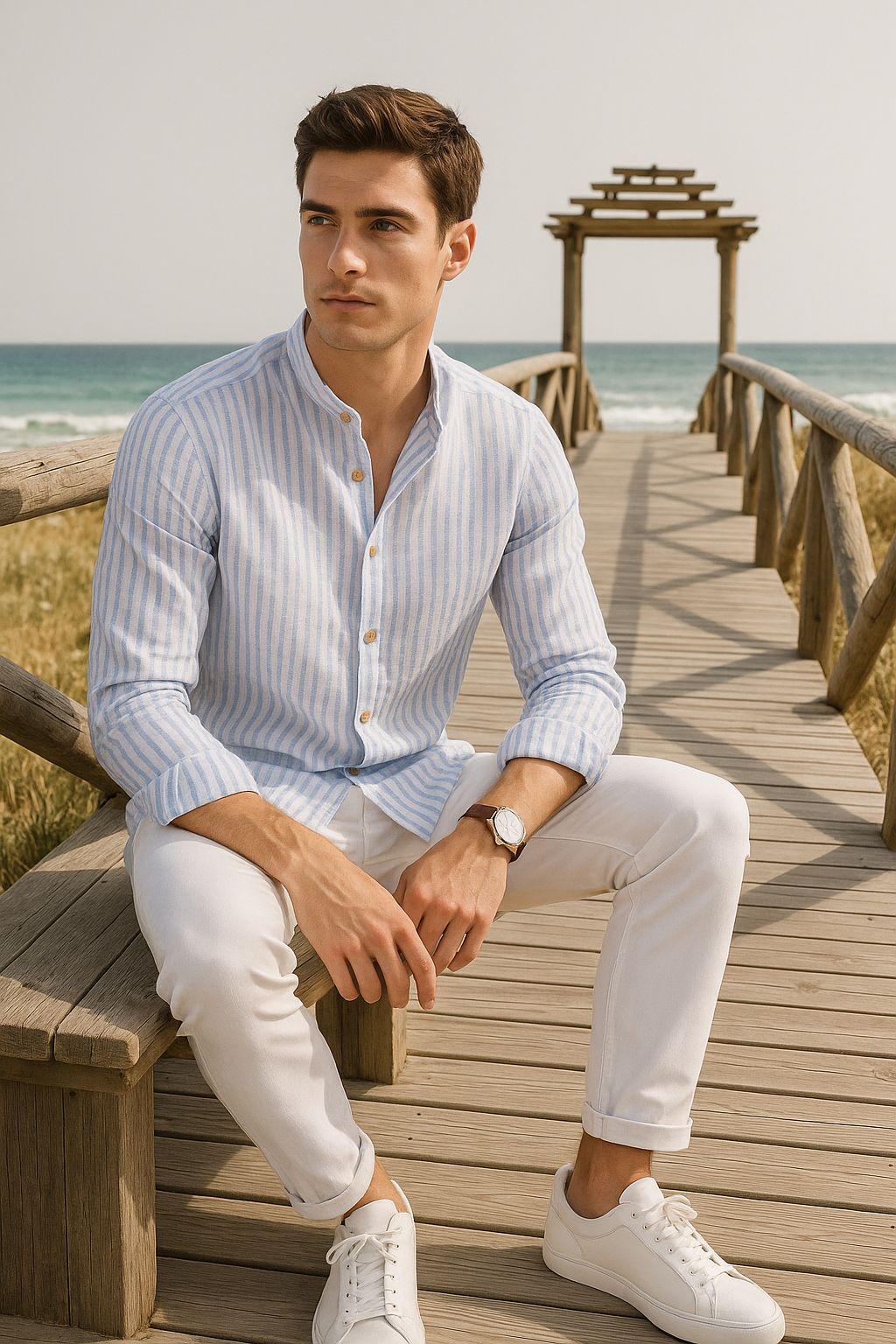 Camisas Para Hombre Tipo Lino Rayas B51324 Azul