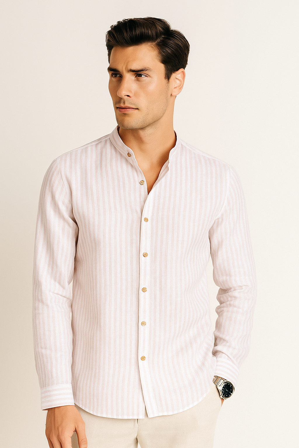 Camisas Para Hombre Tipo Lino Rayas B51324 Beige