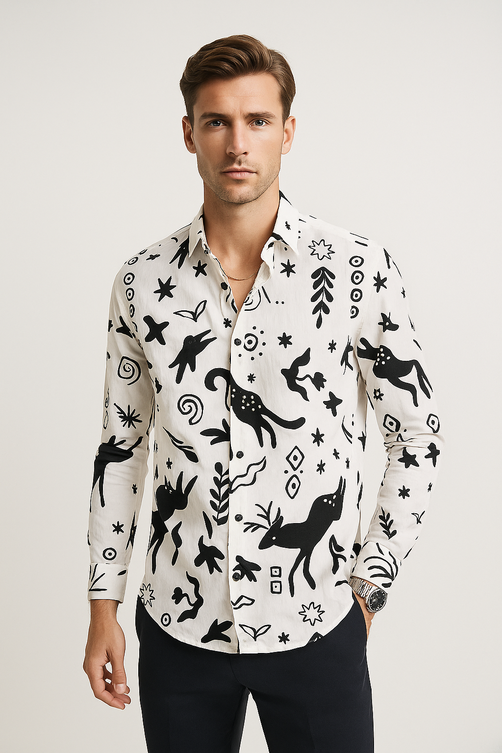 Camisas Para Hombre Estampado De Arte B55501 Blanco