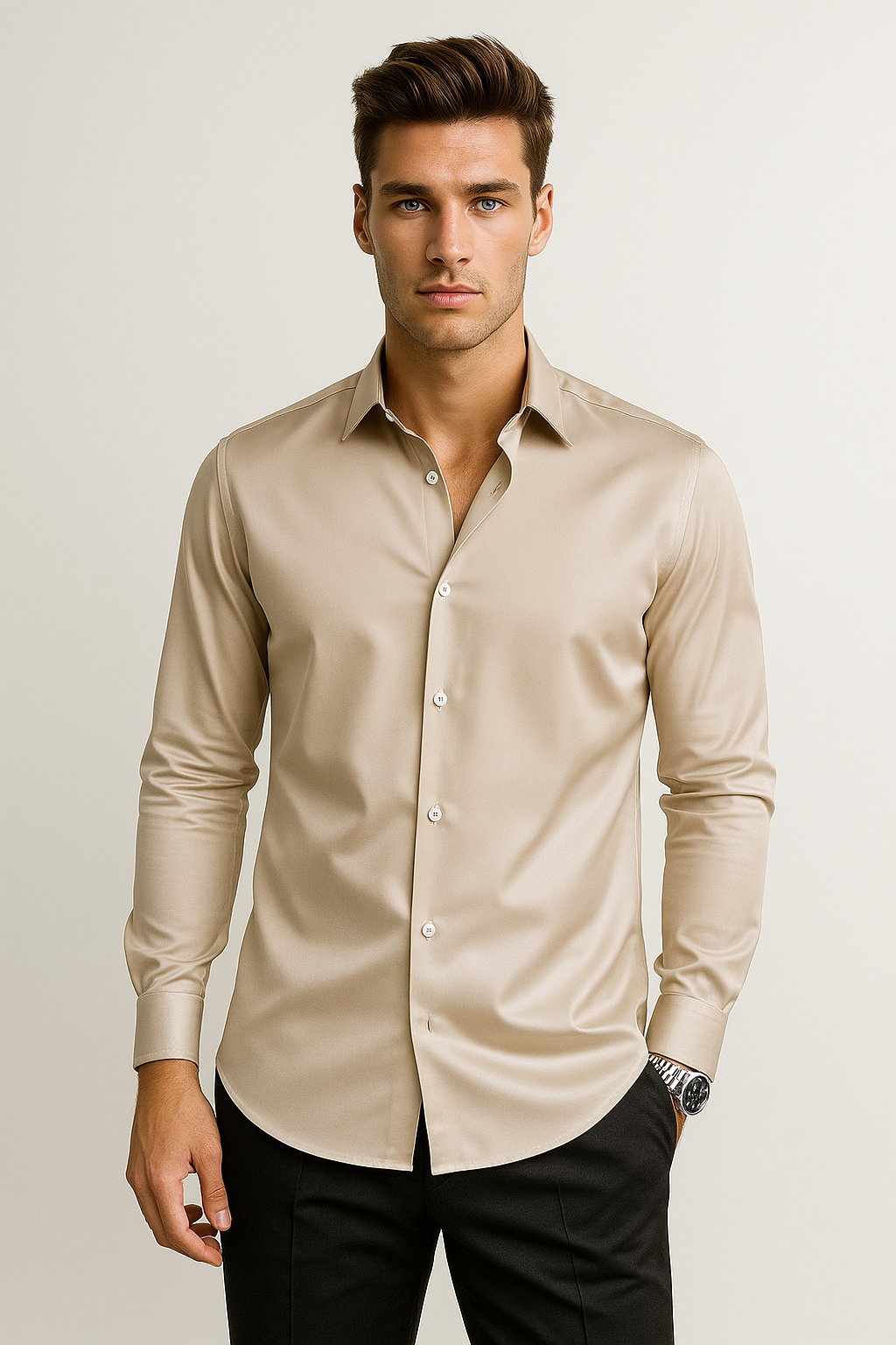 Camisas Para Hombre Satinada Stretch Formal BPOPSS Beige