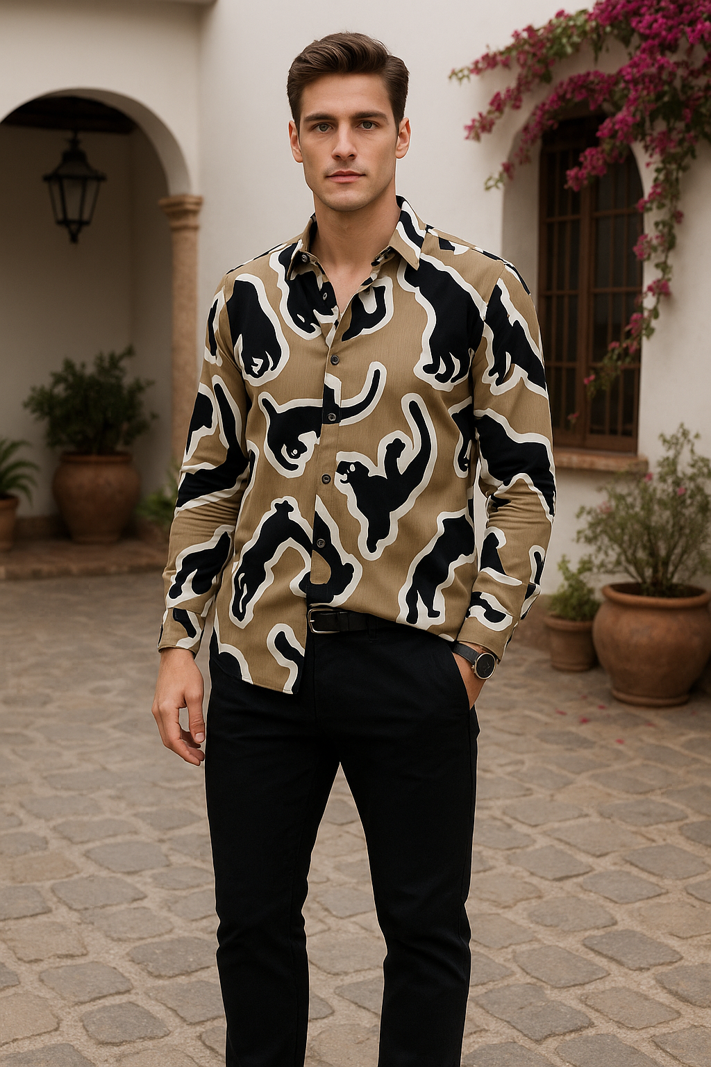 Camisas Para Hombre Estampado De Arte B55503 Kaki