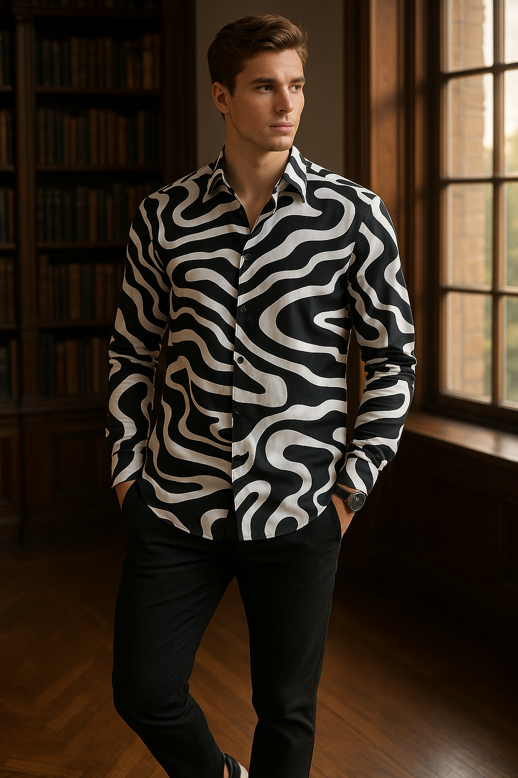 Camisas Para Hombre Estampado De Arte B55502 Blanco