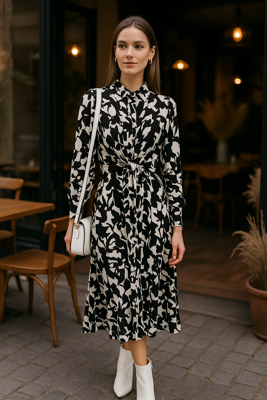 Vestidos Para Mujer Camisero Con Cinto S53102 Negro/Blanco