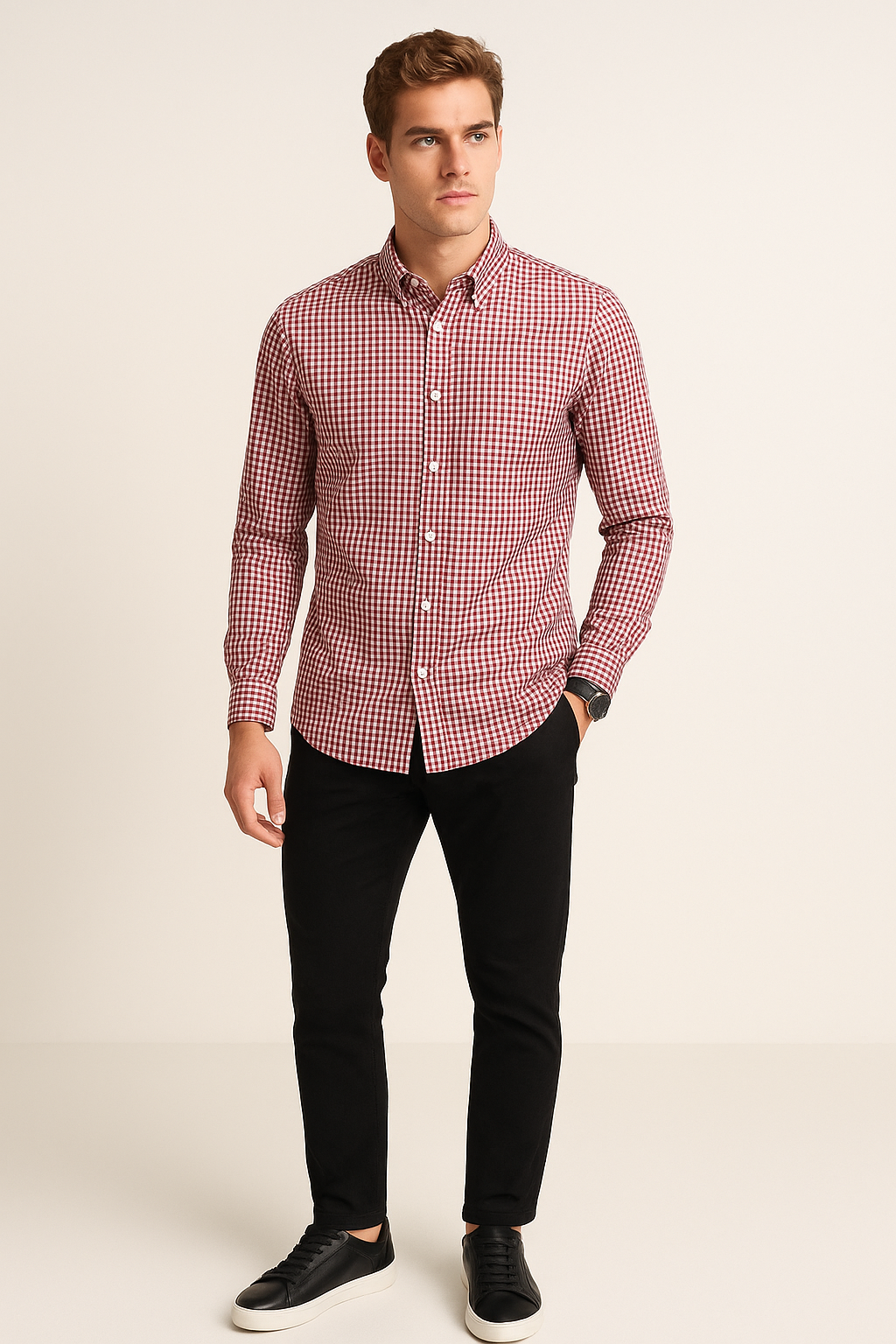 Camisas Para Hombre Manga Larga Cuadros B45213 Vino