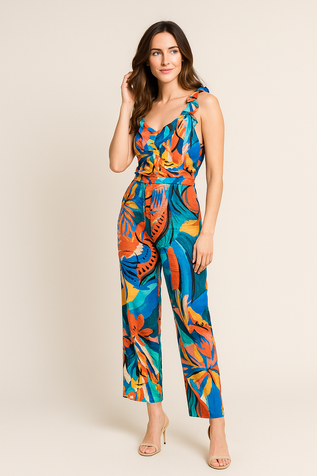 Jumpsuits Para Mujer De Tirantes Con Olanes Estampado Tropcal W41137 Unico