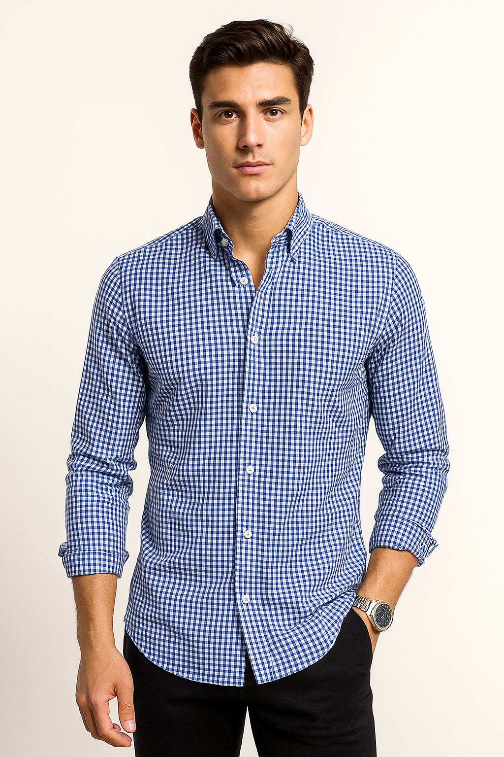 Camisas Para Hombre Manga Larga Cuadros B45213 Azul