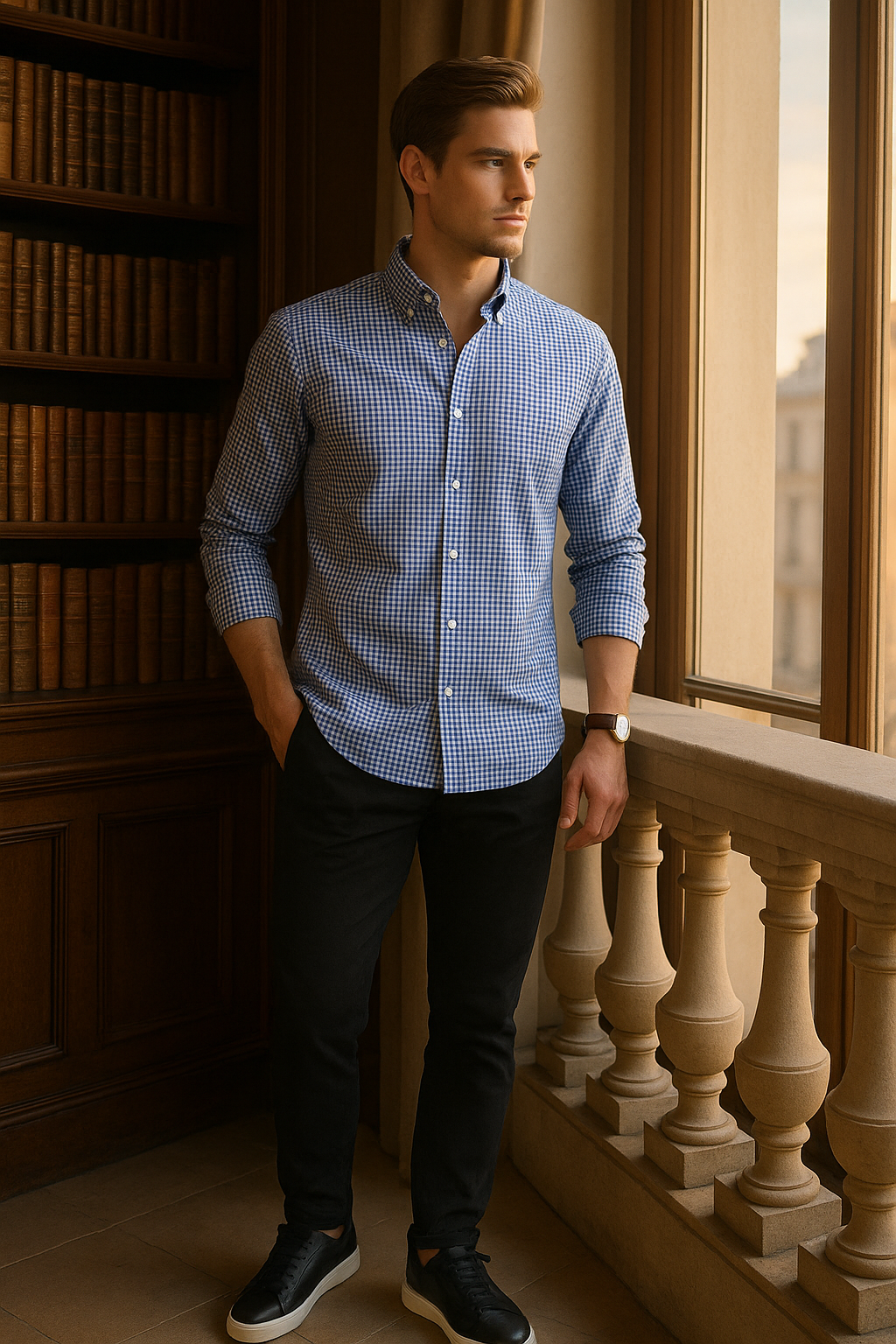 Camisas Para Hombre Manga Larga Cuadros B45213 Azul