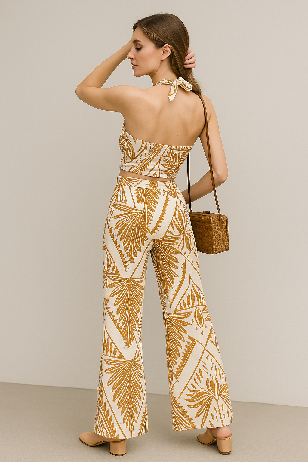 Pantalones Para Mujer Wide Leg Tipo Lino Estampado W51124 Ocre