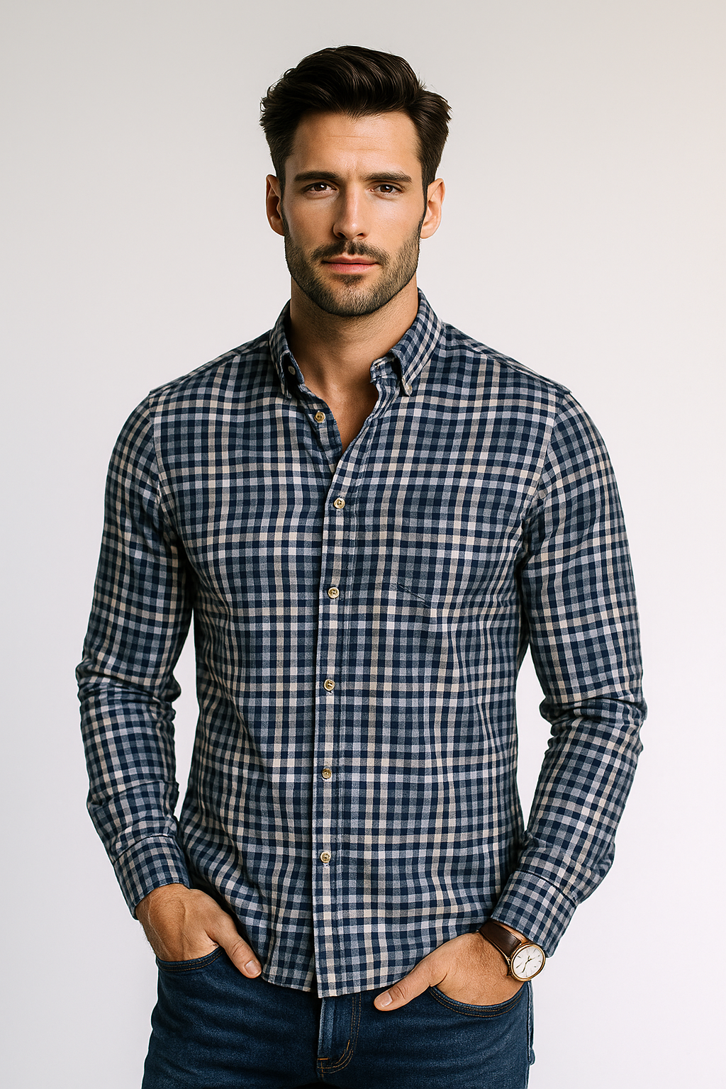 Camisas Para Hombre Manga Larga Cuadros B51123 Marino