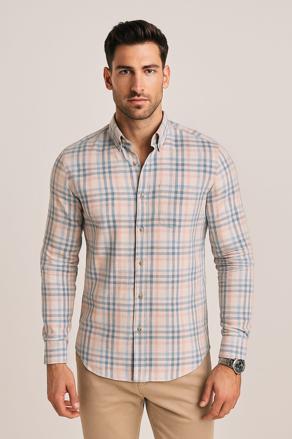 Camisas Para Hombre Manga Larga Cuadros B51123 Beige