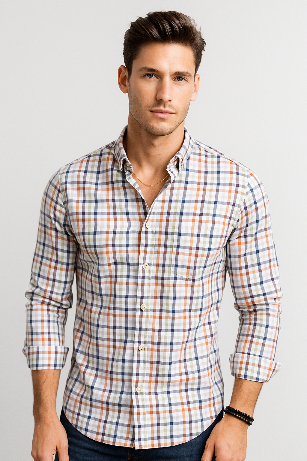 Camisas Para Hombre Manga Larga Cuadros B51123 Blanco