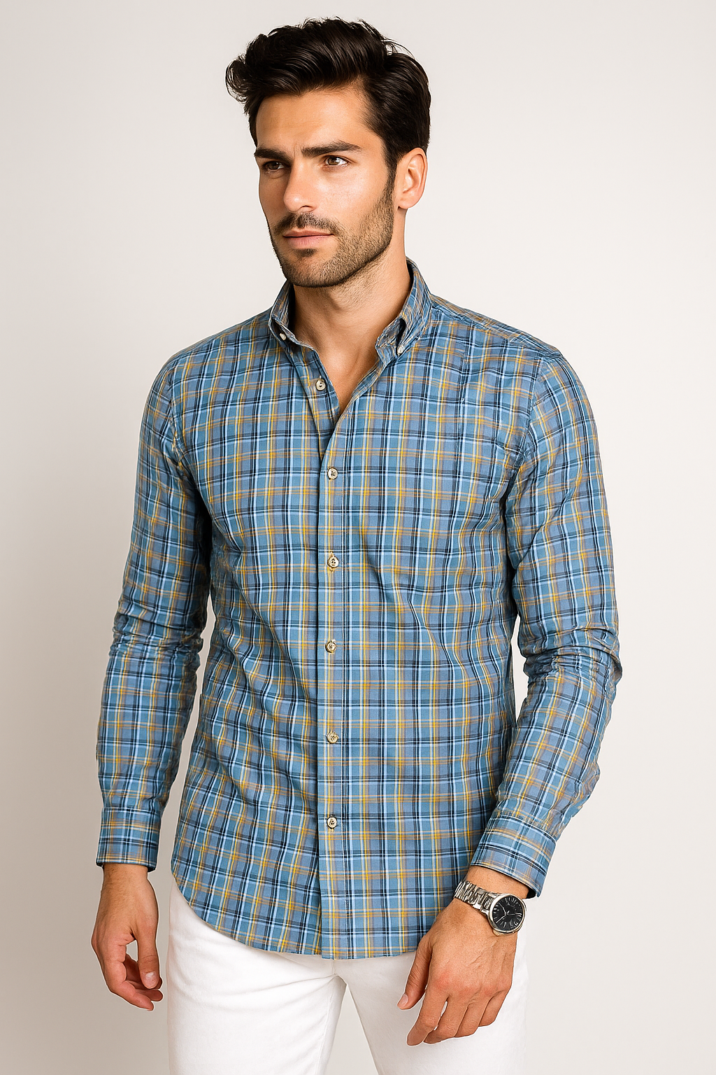 Camisas Para Hombre Manga Larga Cuadros B51122 Cielo
