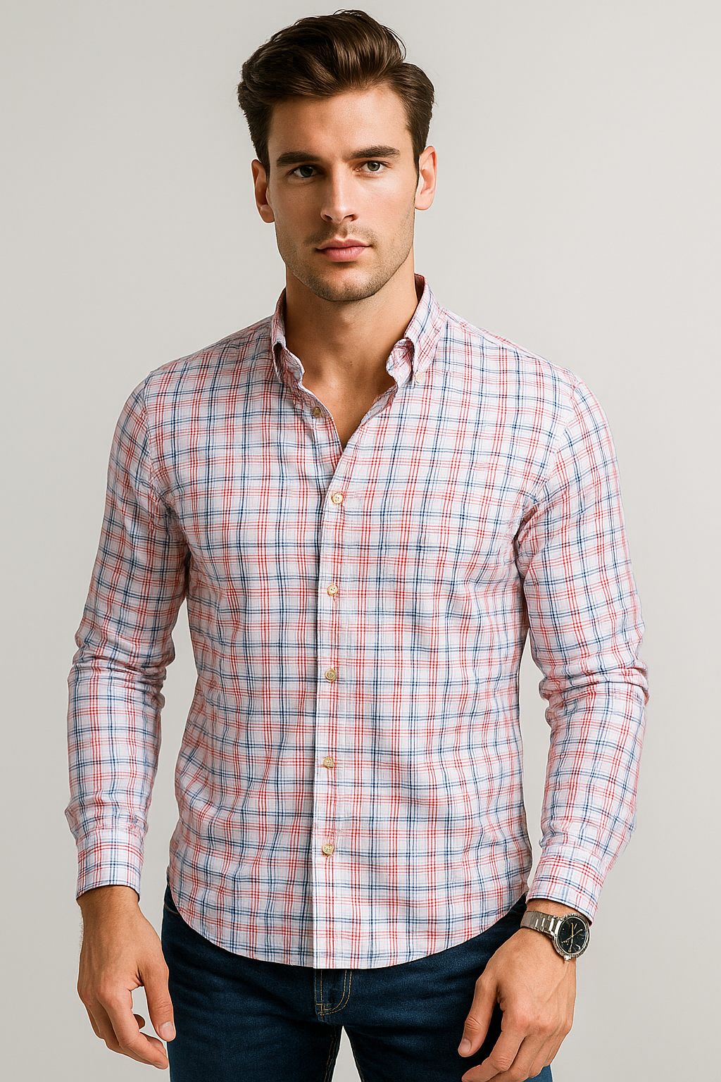 Camisas Para Hombre Manga Larga Cuadros B51122 Blanco