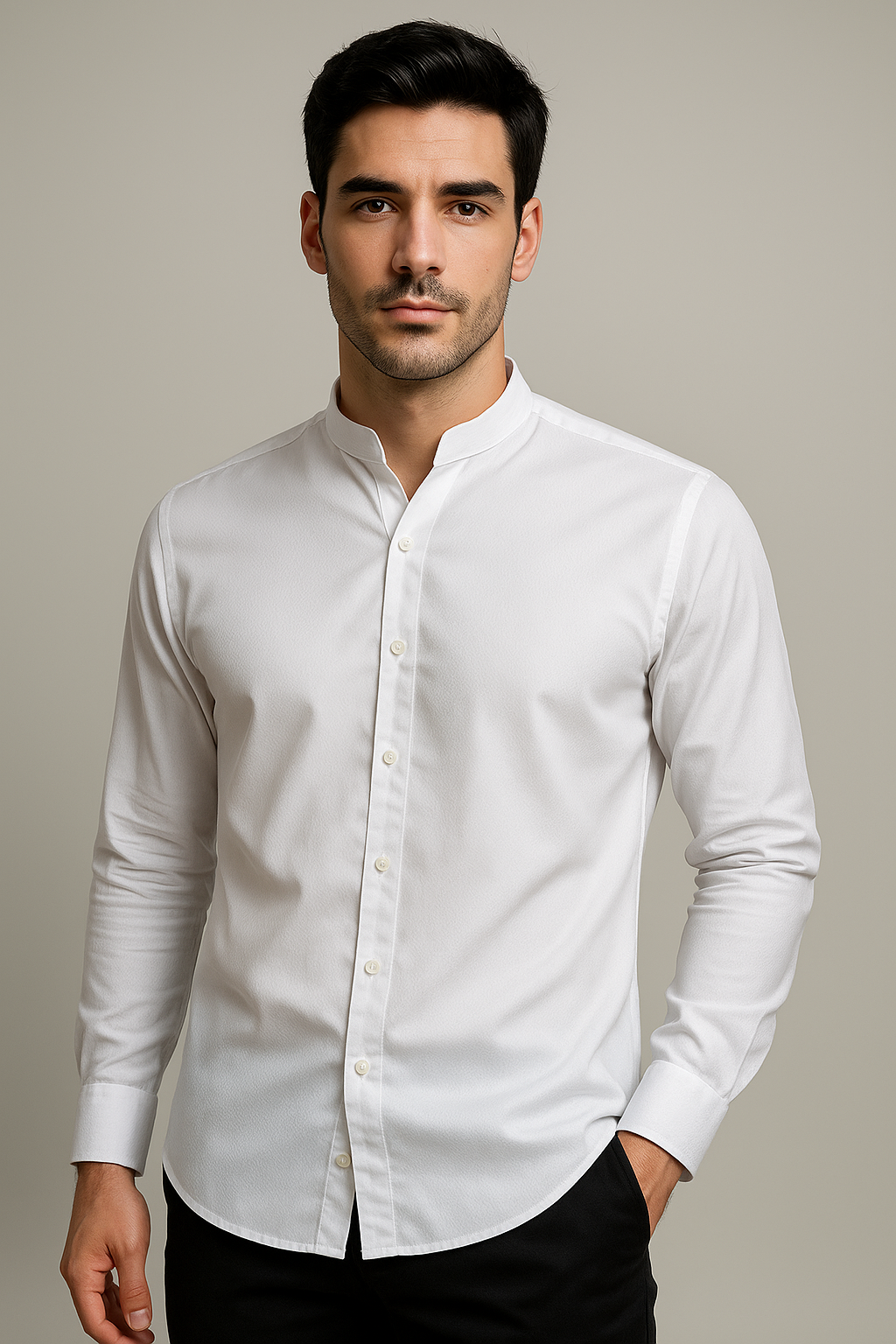 Camisas Para Hombre Textura Cuello Mao B51318 Blanco