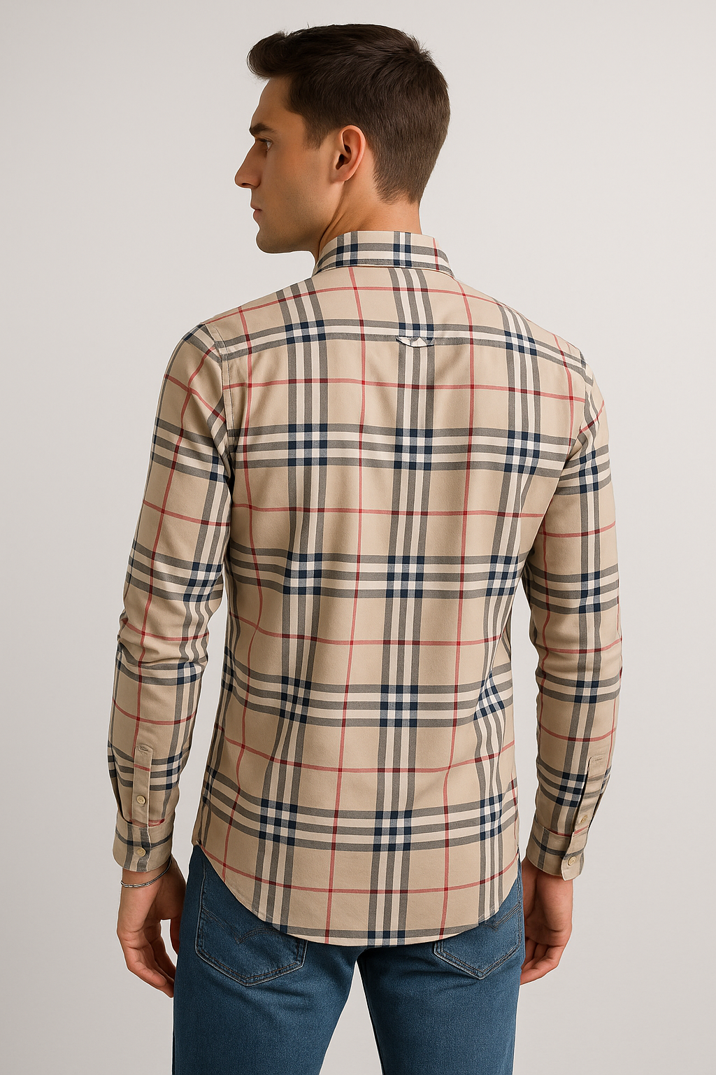 Camisas Para Hombre Manga Larga Cuadros Oxford B51129 Beige
