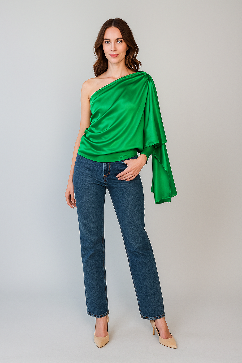Blusas Para Mujer Satinada De Un Hombro N51100 Verde