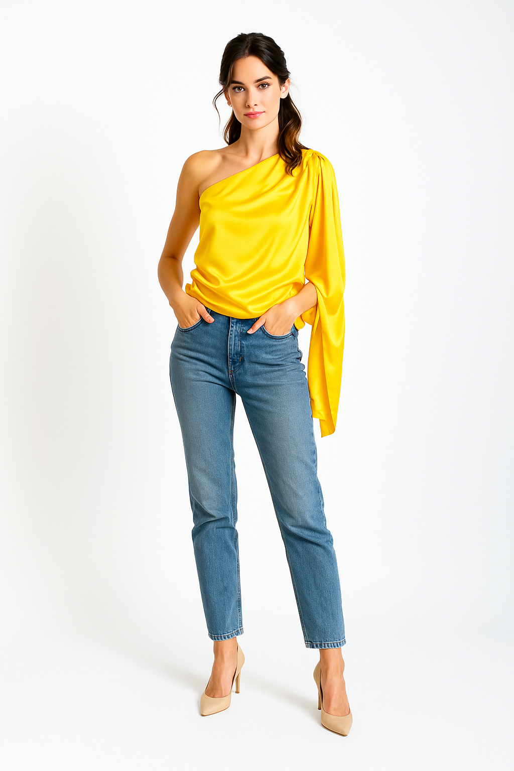 Blusas Para Mujer Satinada De Un Hombro N51100 Amarillo