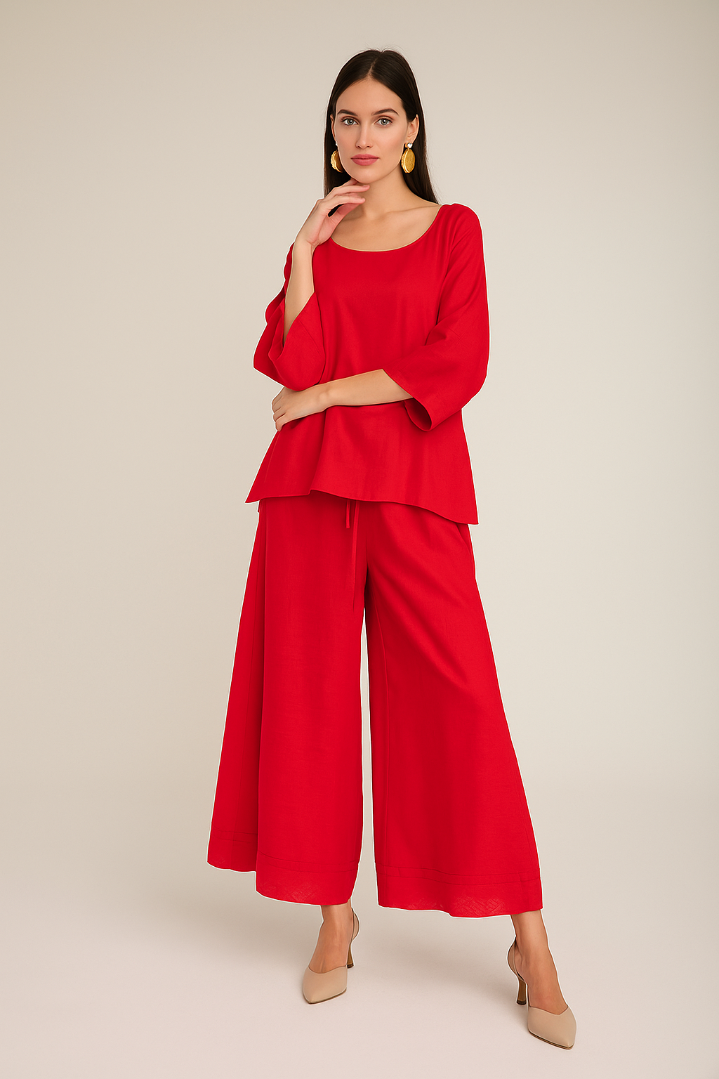 Pantalones Para Mujer Ancho Tipo Lino Con Jareta W51117 Rojo