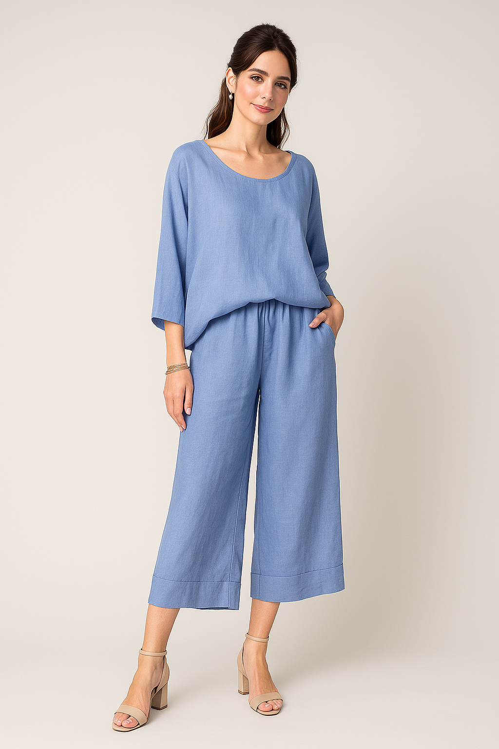 Pantalones Para Mujer Ancho Tipo Lino Con Jareta W51117 Azul