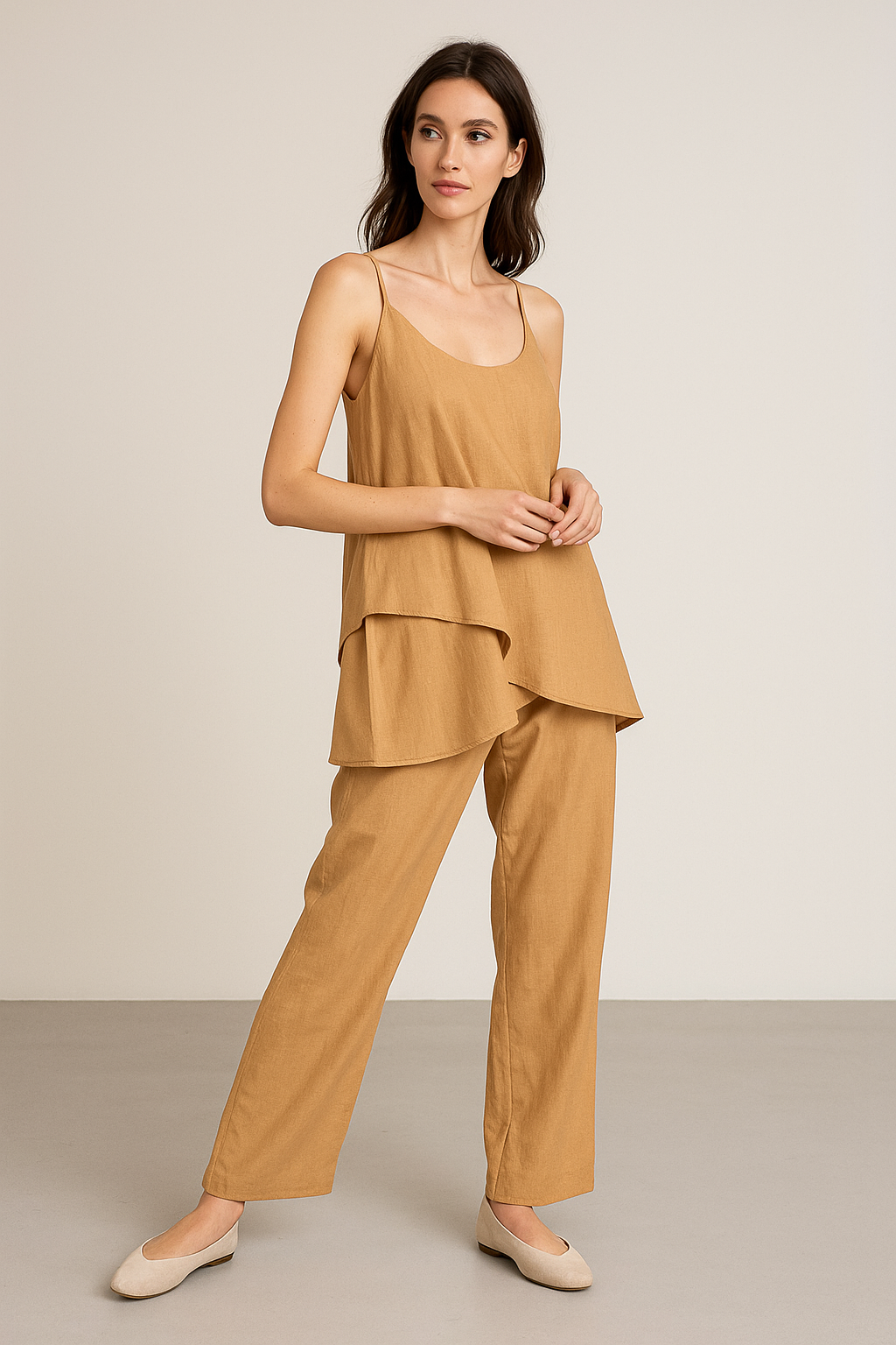 Pantalones Para Mujer Tipo Lino Wide Leg W51116 Camel