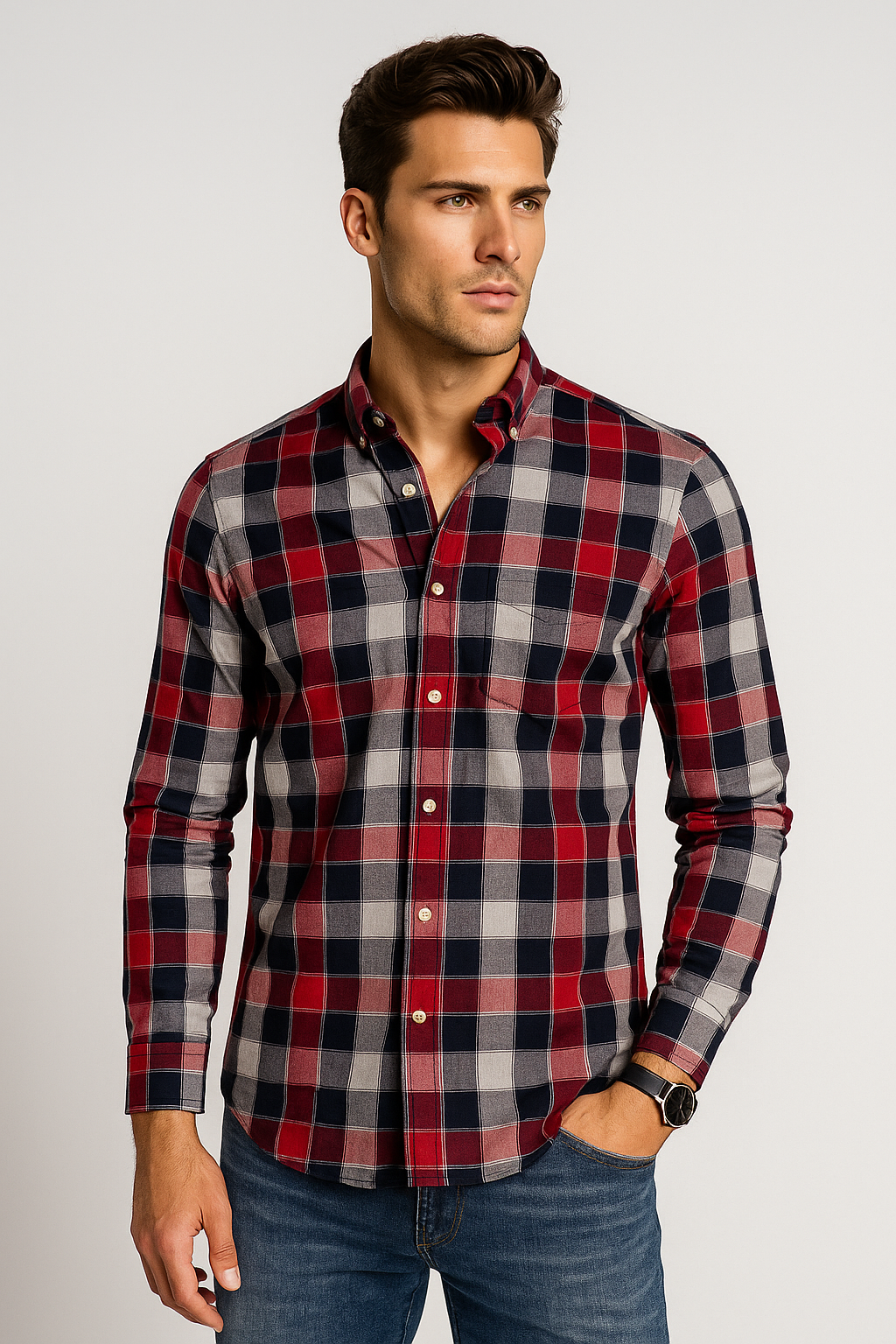 Camisas Para Hombre Manga Larga Cuadros B51126 Rojo