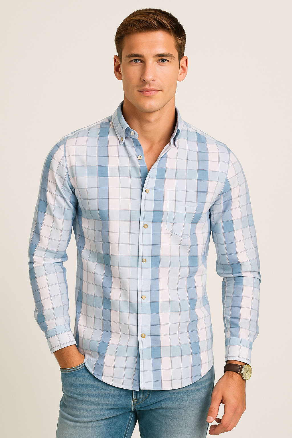 Camisas Para Hombre Manga Larga Cuadros B51126 Blanco