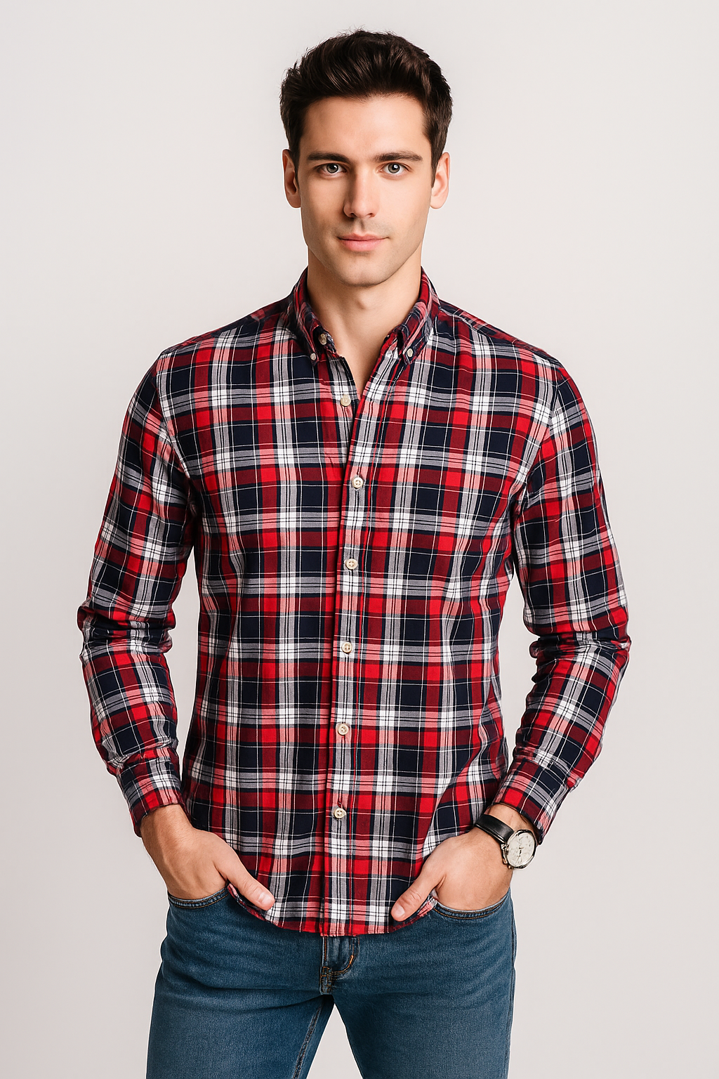 Camisas Para Hombre Manga Larga Cuadros B51124 Marino