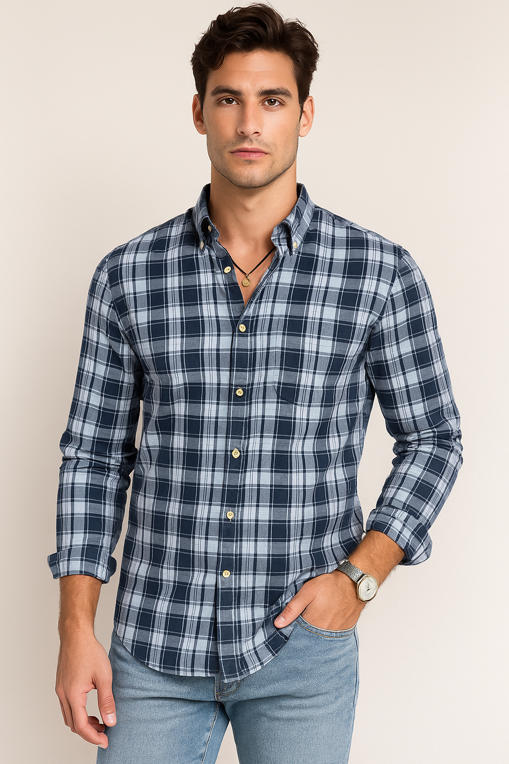 Camisas Para Hombre Manga Larga Cuadros B51124 Azul