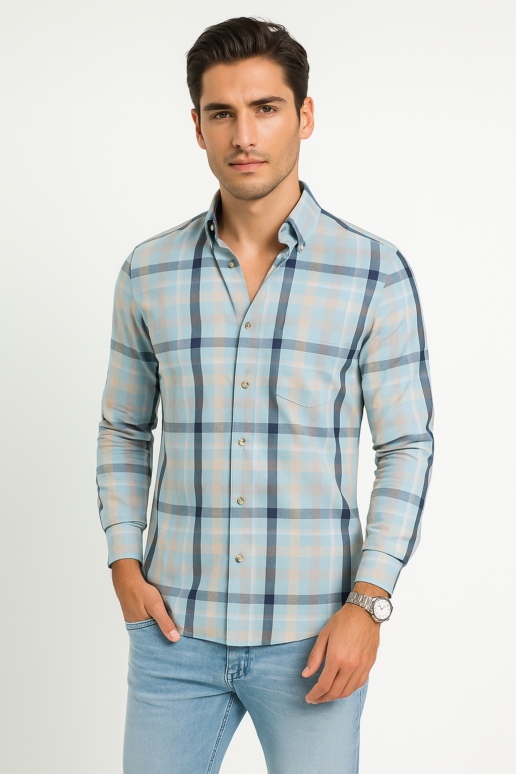 Camisas Para Hombre Manga Larga Cuadros Oxford B51125 Cielo
