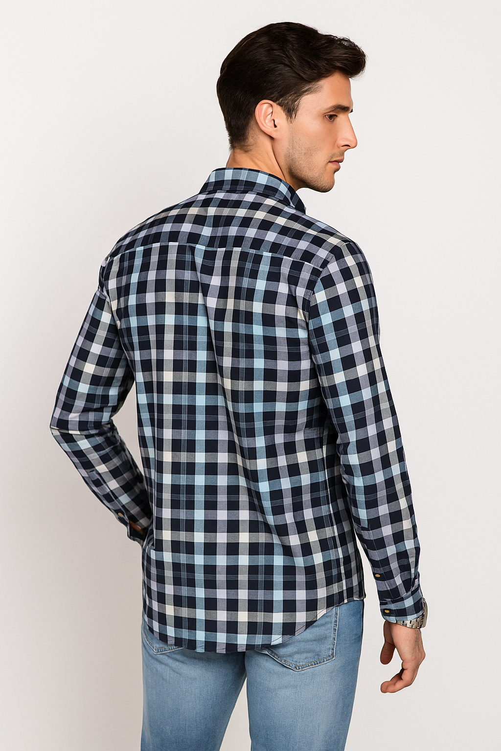 Camisas Para Hombre Manga Larga Cuadros Oxford B51125 Marino