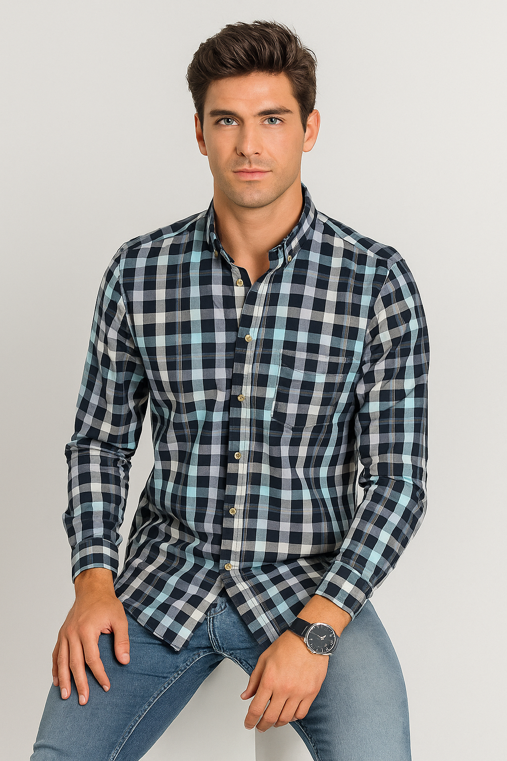 Camisas Para Hombre Manga Larga Cuadros Oxford B51125 Marino