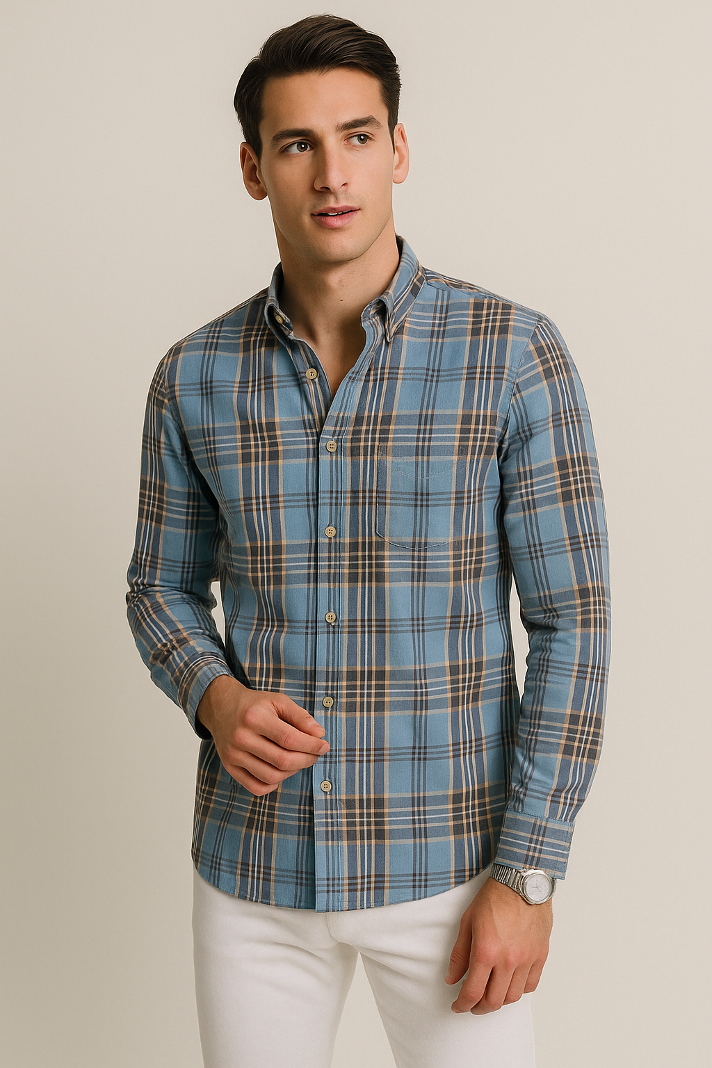 Camisas Para Hombre Manga Larga Cuadros B51127 Azul
