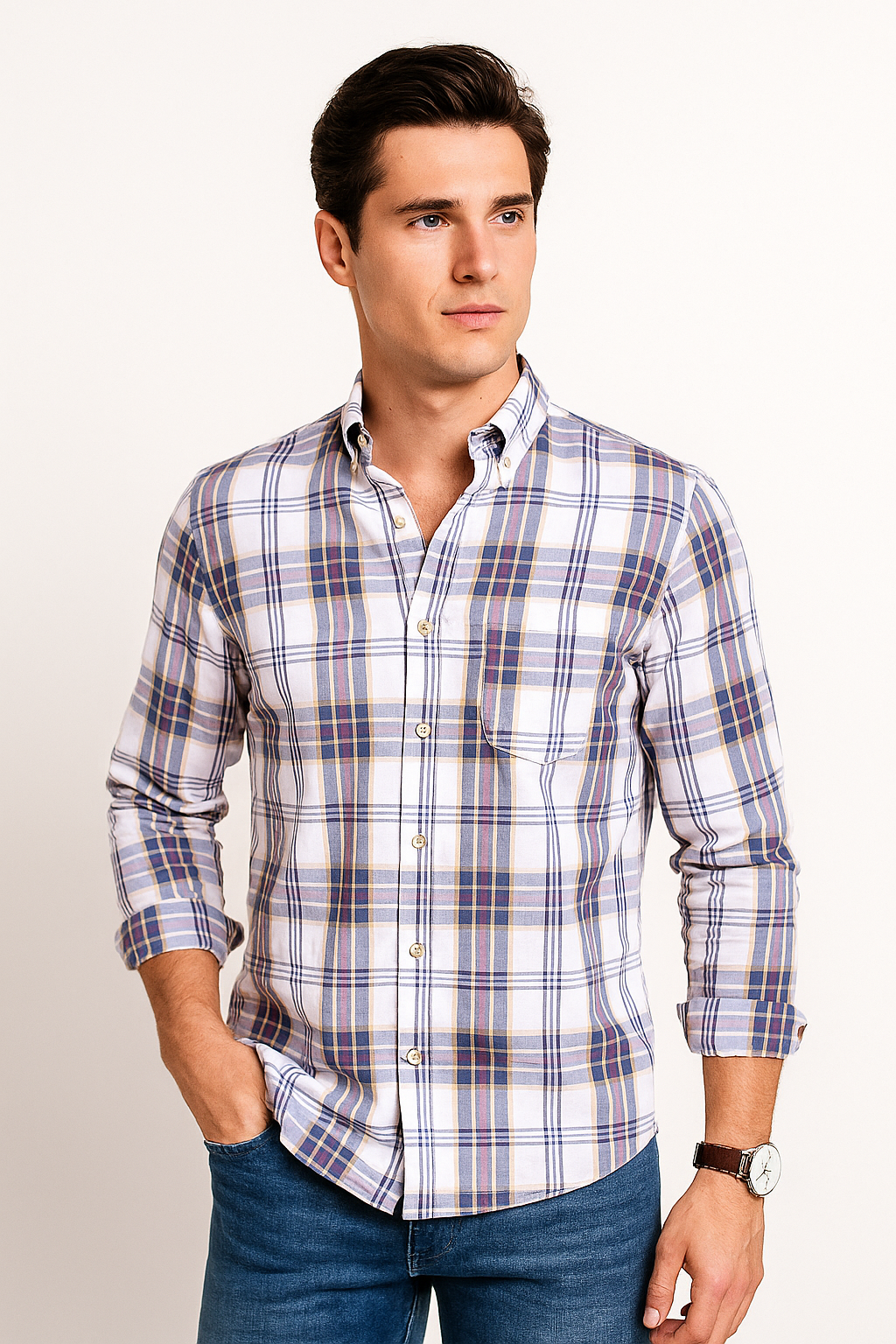 Camisas Para Hombre Manga Larga Cuadros B51127 Blanco