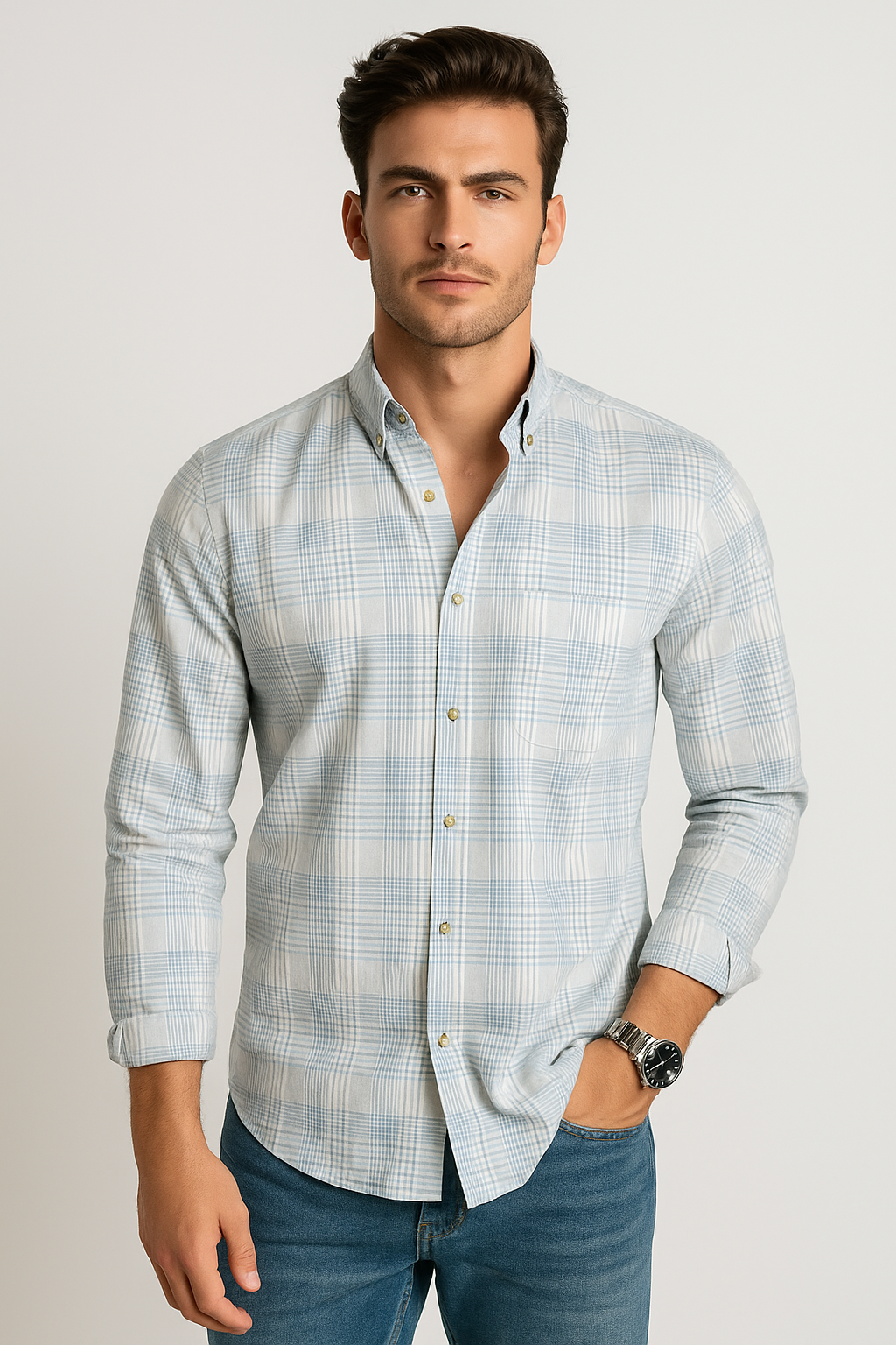 Camisas Para Hombre Manga Larga Cuadros B51128 Aqua