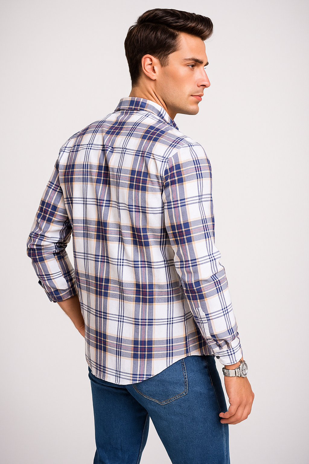Camisas Para Hombre Manga Larga Cuadros B51127 Blanco