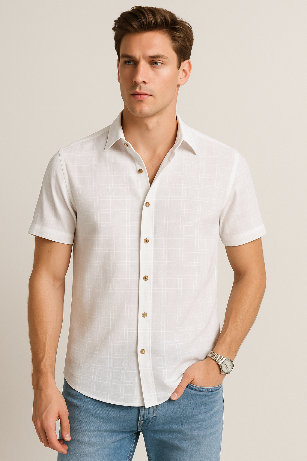 Camisas Para Hombre Dobbie Cuadros B51355 Blanco