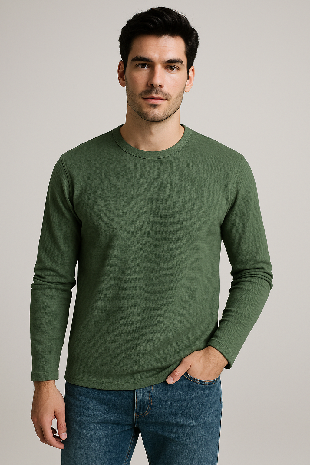 Playeras Para Hombre Manga Larga Textura A55311 Olivo