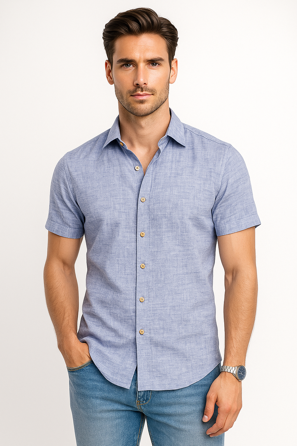 Camisas Para Hombre Estilo Lino B51365 Azul