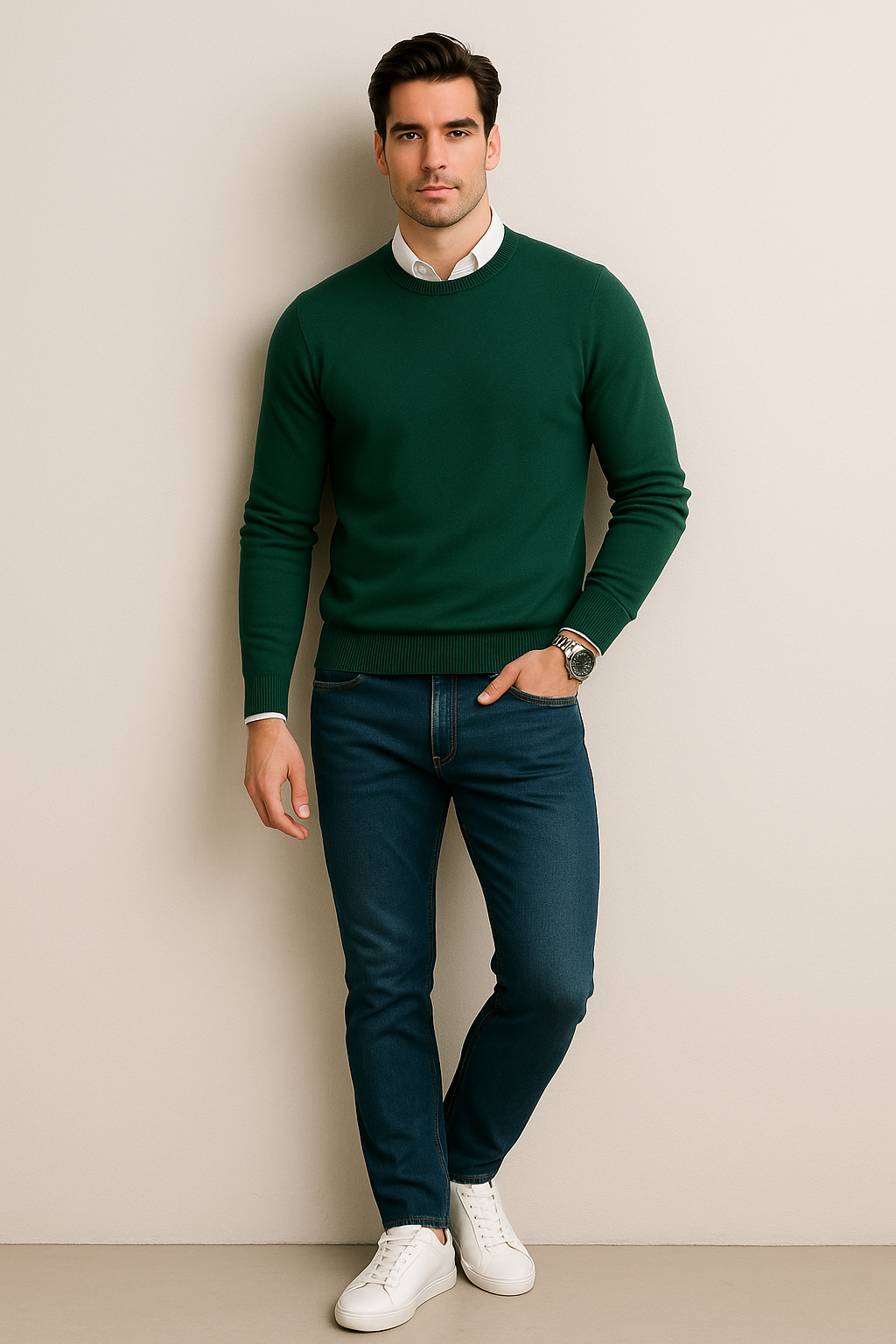 Suéteres Para Hombre Básico de Punto Fino E55301 Verde