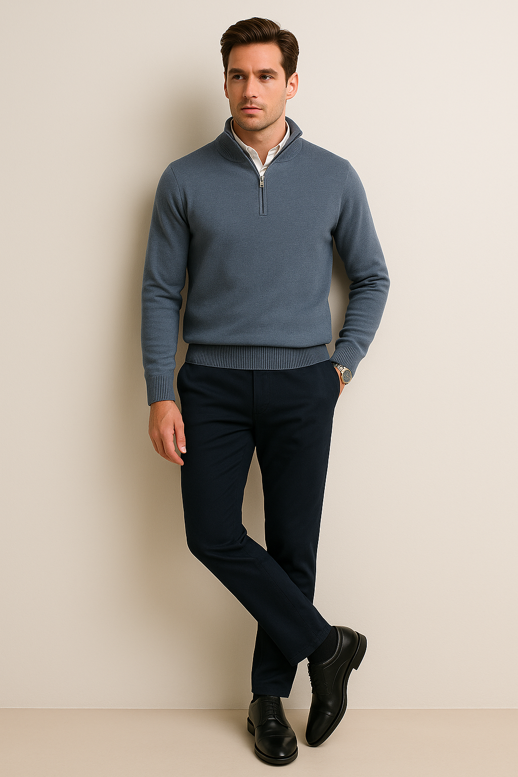 Suéteres Para Hombre De Punto Cuello Alto y Cremallera E55302 Gris