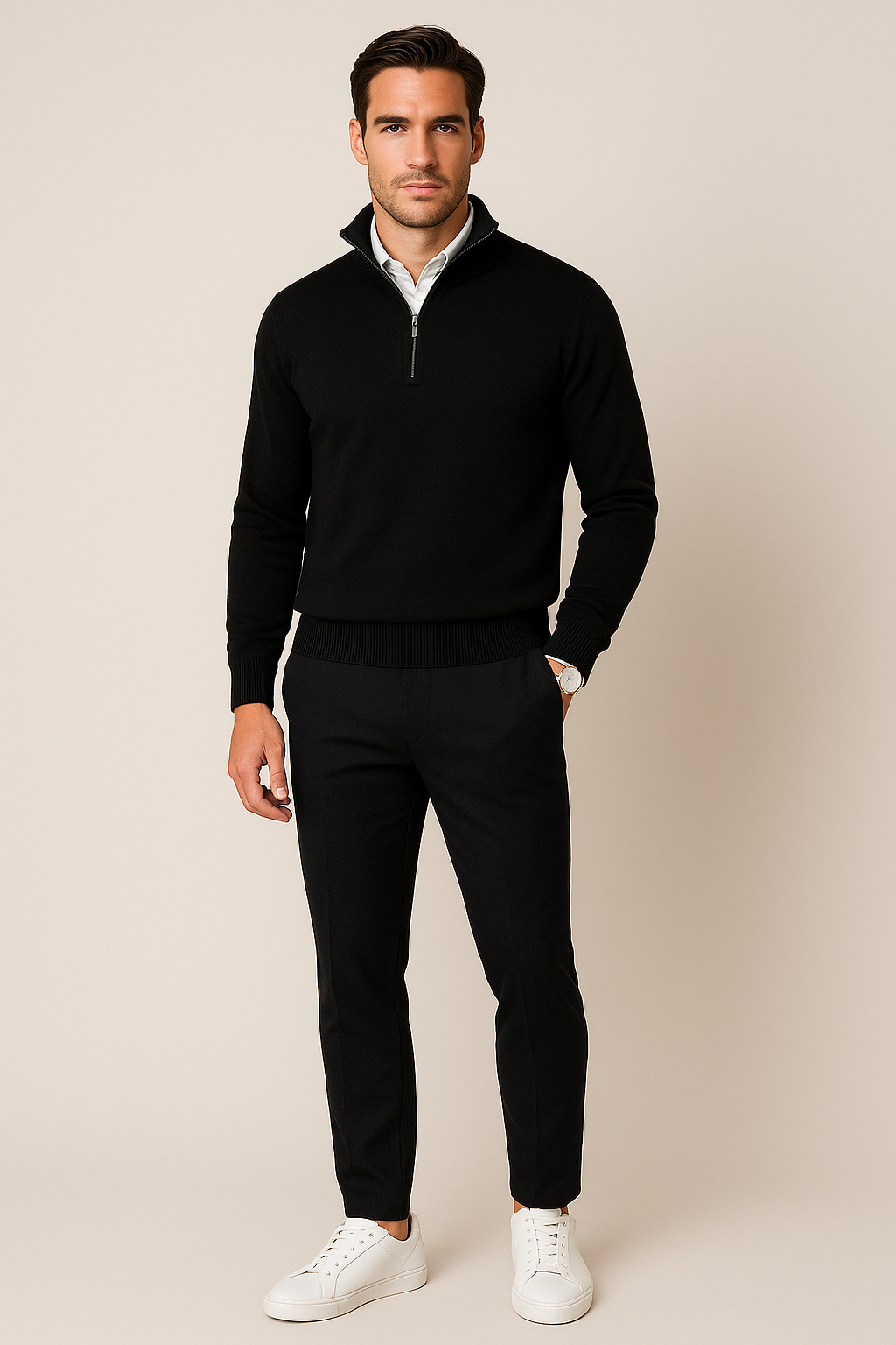 Suéteres Para Hombre De Punto Cuello Alto y Cremallera E55302 Negro