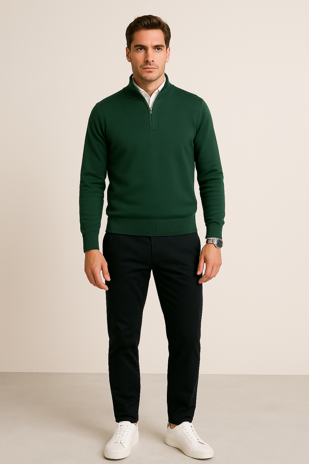 Suéteres Para Hombre De Punto Cuello Alto y Cremallera E55302 Verde