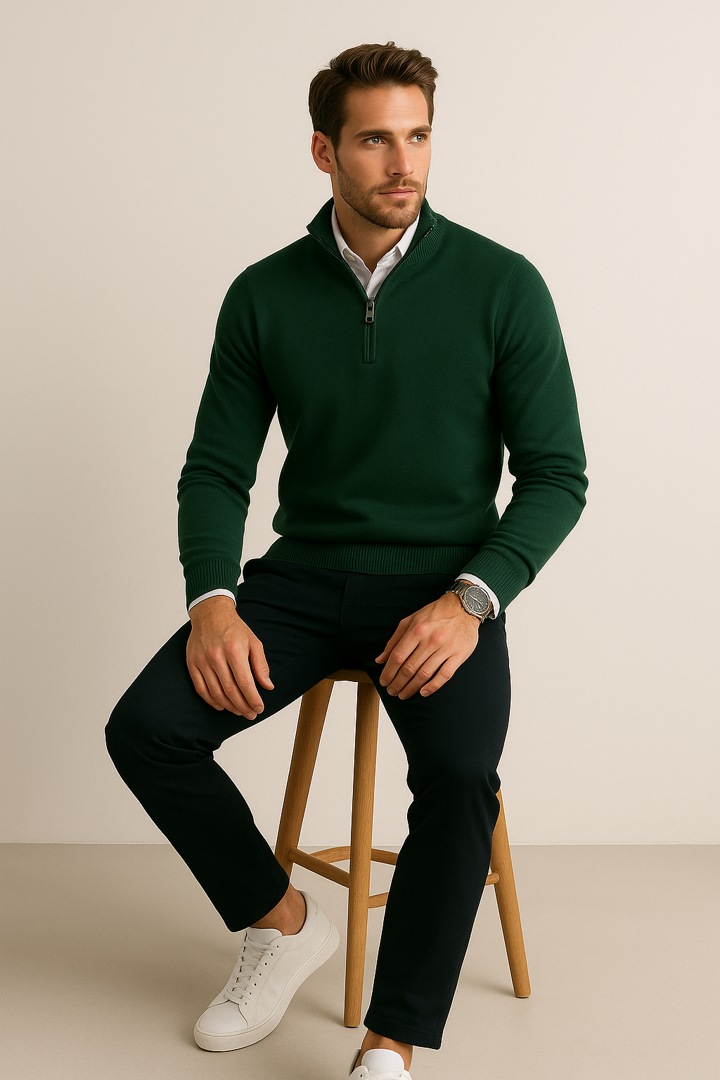 Suéteres Para Hombre De Punto Cuello Alto y Cremallera E55302 Verde