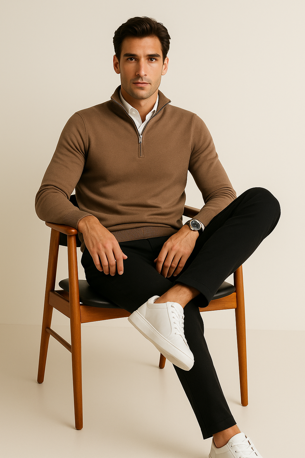 Suéteres Para Hombre De Punto Cuello Alto y Cremallera E55302 Topo