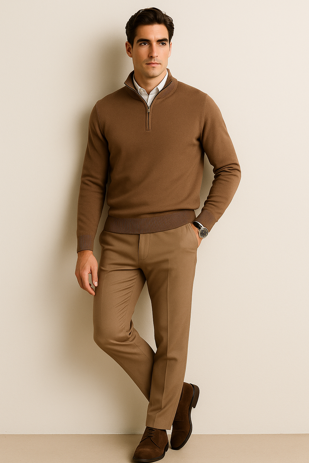 Suéteres Para Hombre De Punto Cuello Alto y Cremallera E55302 Topo