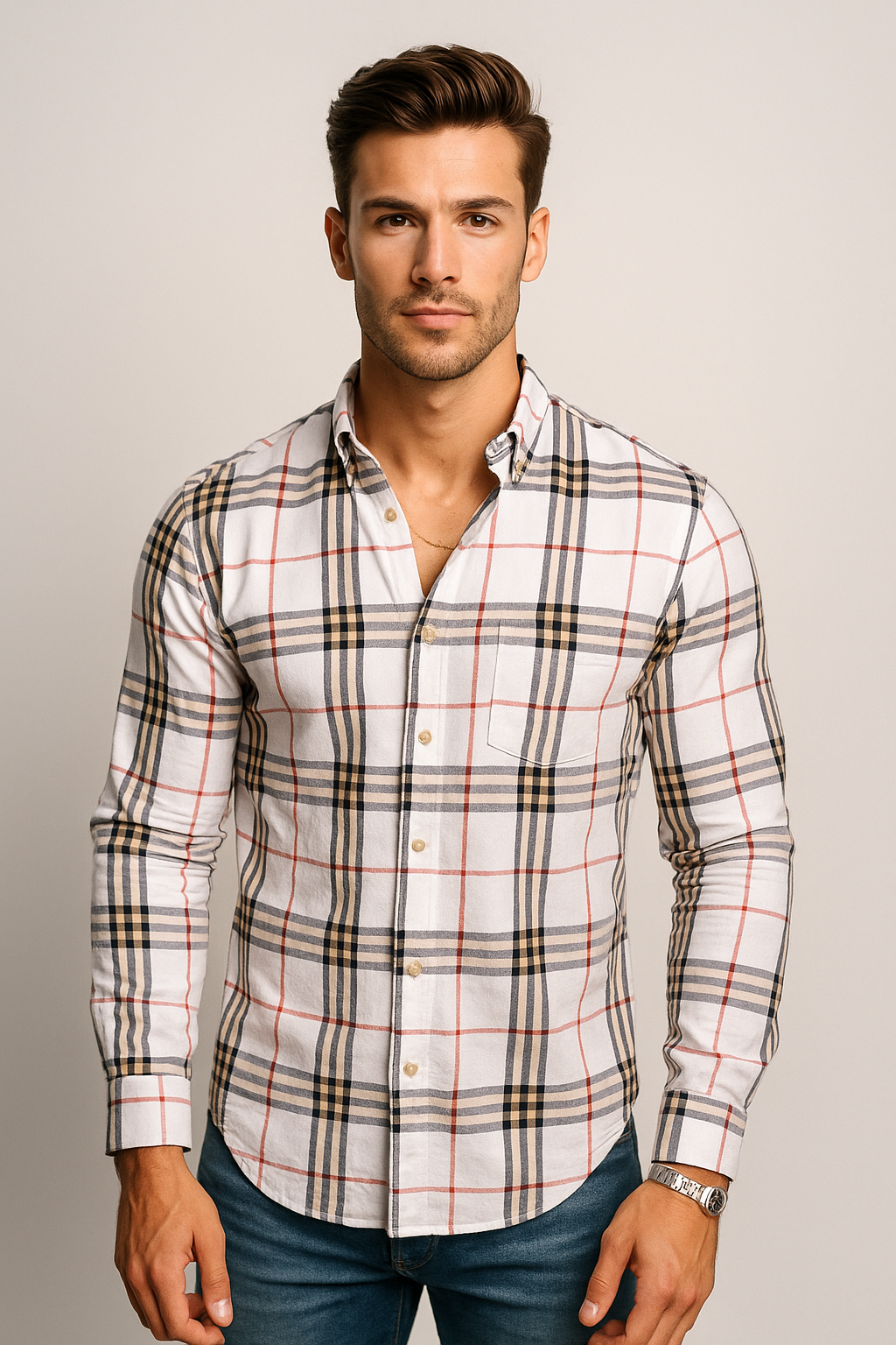 Camisas Para Hombre Manga Larga Cuadros Oxford B51129 Blanco