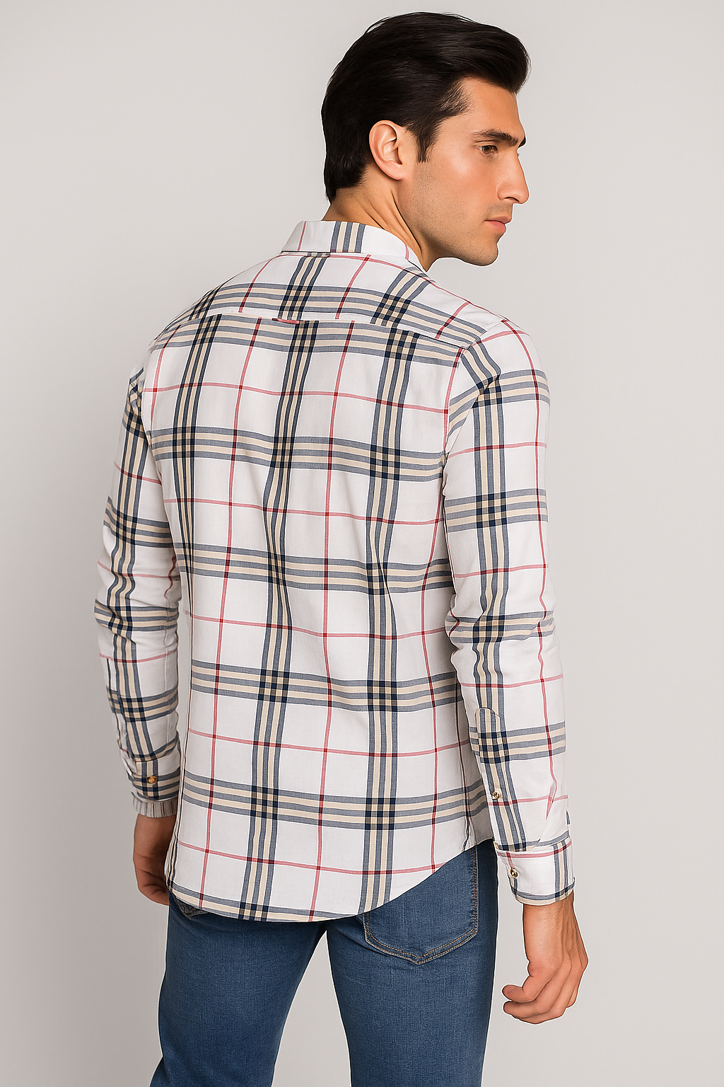 Camisas Para Hombre Manga Larga Cuadros Oxford B51129 Blanco