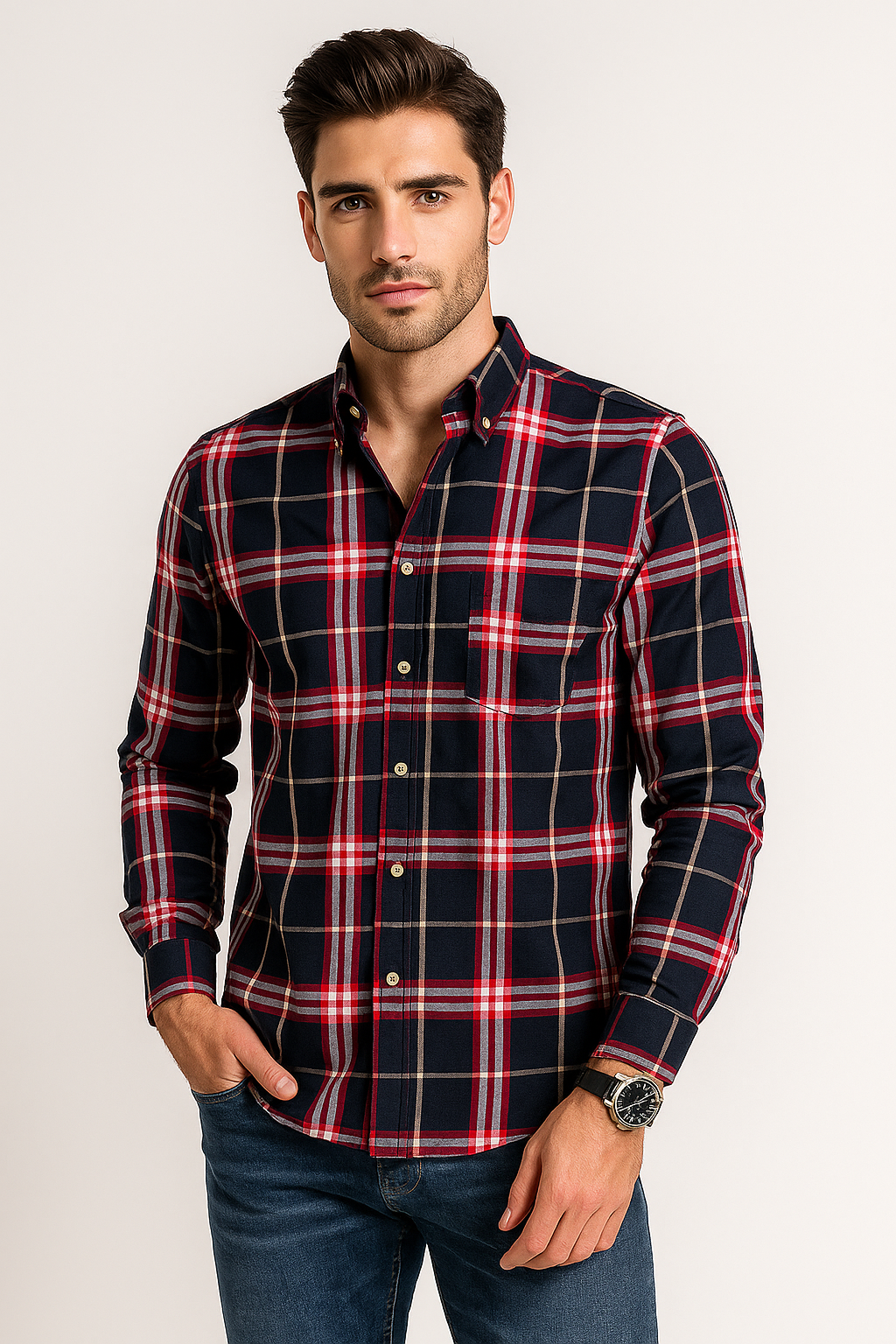 Camisas Para Hombre Manga Larga Cuadros Oxford B51129 Marino